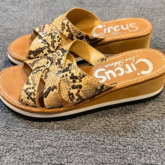 Circus by Sam Edelman Tan and Black Snake Print Wedge Sandals - Picture 2 of 6